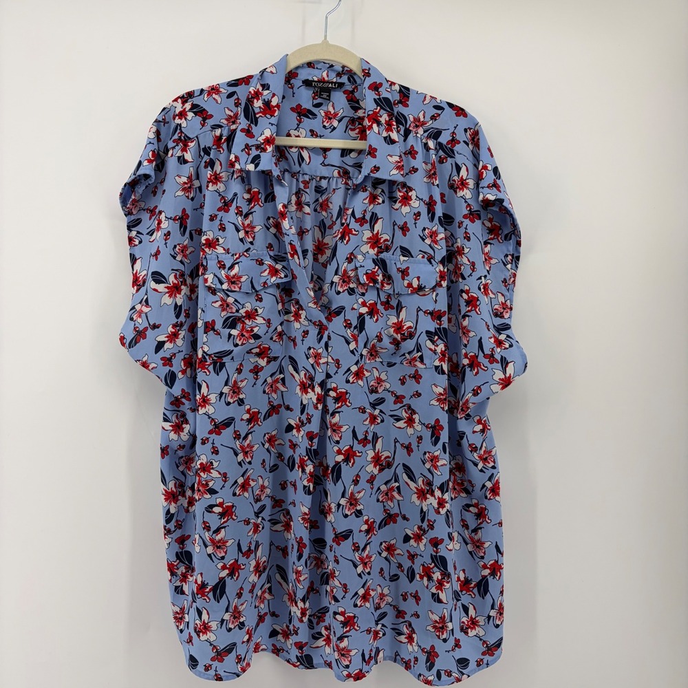 Roz & Ali Womens 3X Blue Floral Blouse V-Neck Short Sleeve Pocketed Top